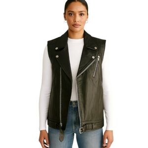 Theory Leather Moto Biker Vest Dark Olive Green Large